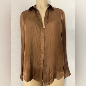 Maison d’Amélie Paris Brown Satin Blouse | Button Front Long Sleeve Top | Size S